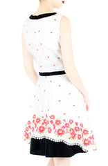 Carmine Daisies Flare Dress with Black Trims - White