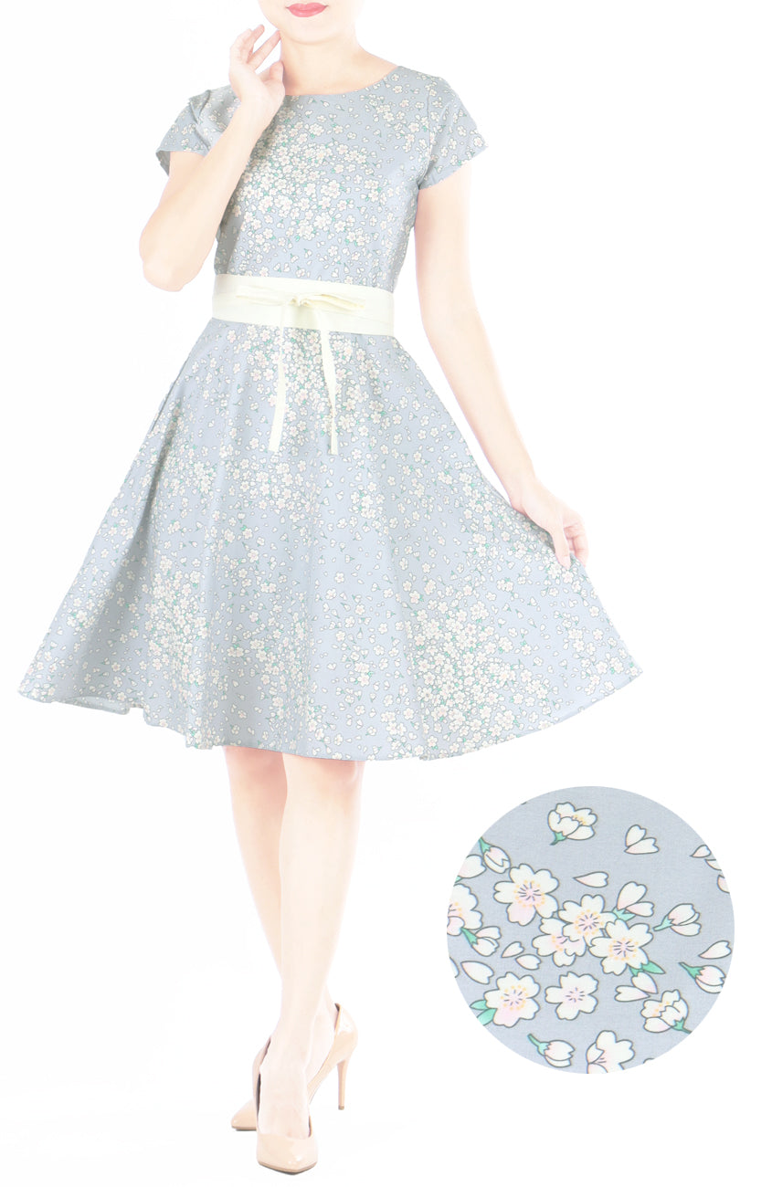 Cascading Sakuras Flare Tea Dress - Pearl Grey