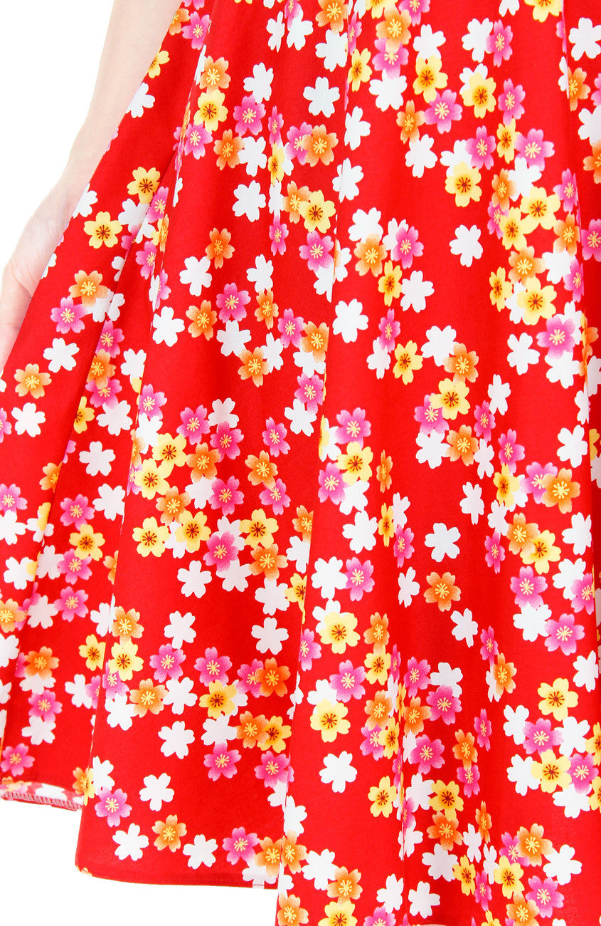 Celebratory Sakura Blooms Flare Midi Dress - Red