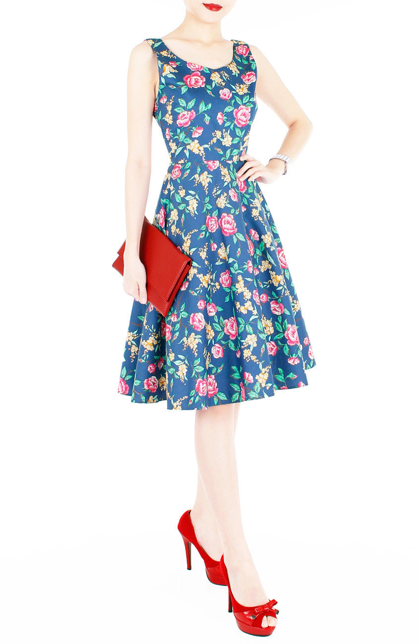 Charming Roses of Hearts Flare Midi Dress - Vintage Blue
