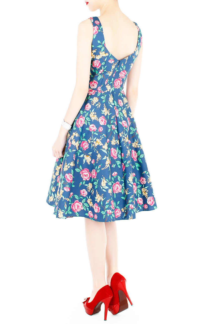 Charming Roses of Hearts Flare Midi Dress - Vintage Blue