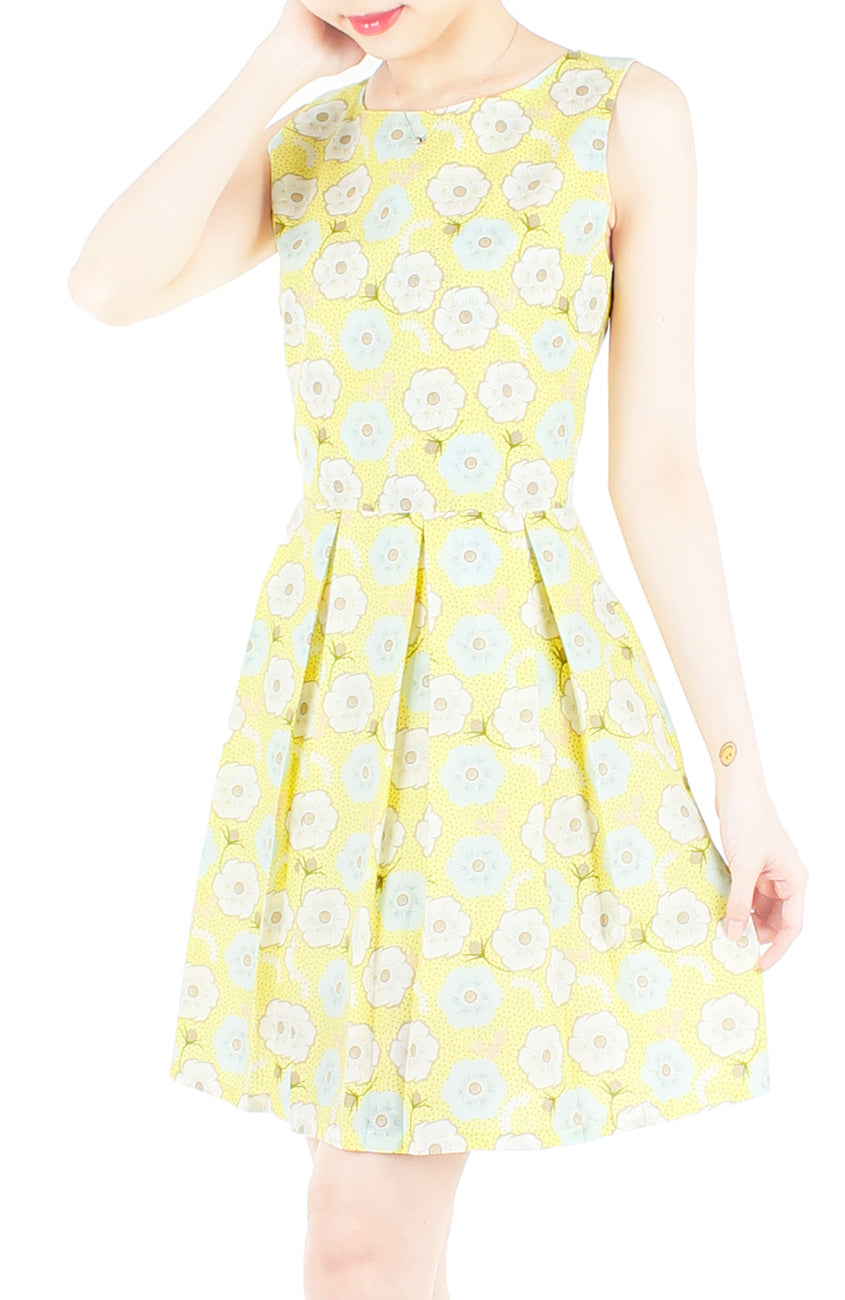 Charming Cherry Blossoms Flare Dress - Yellow