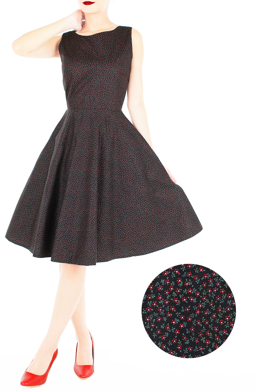 Charming Clematis Flare Midi Dress - Noir & Ruby