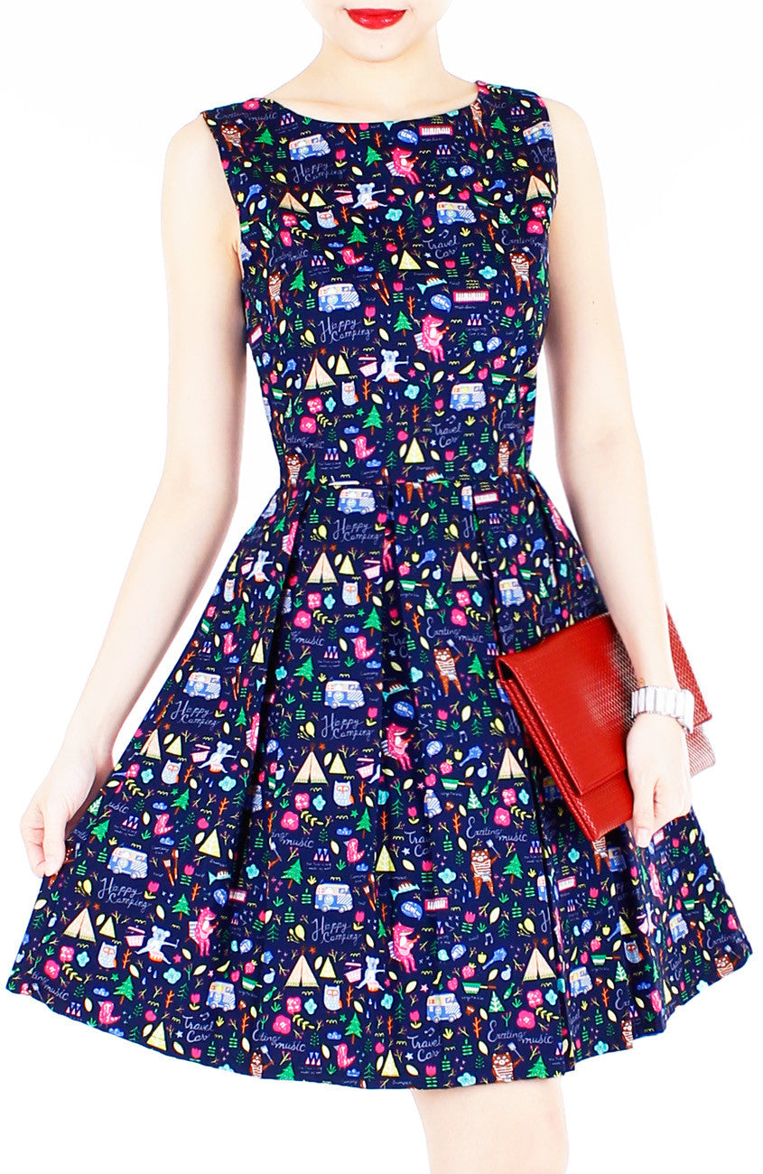 Christmas Whimsy in Wonderland Flare Dress - Midnight Blue