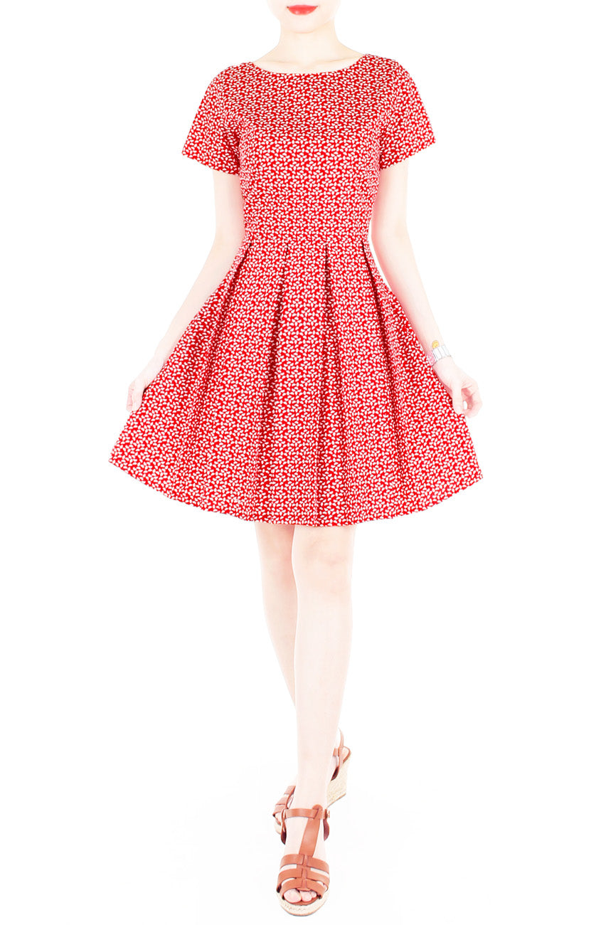 Red Poinsettia Flare Dress with Short Sleeves