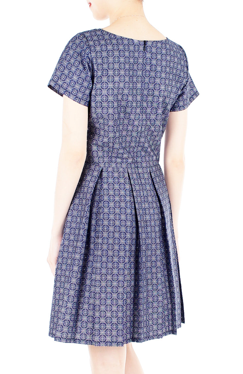 Colonial Spanish Tile Print Flare Dress with Short Sleeves