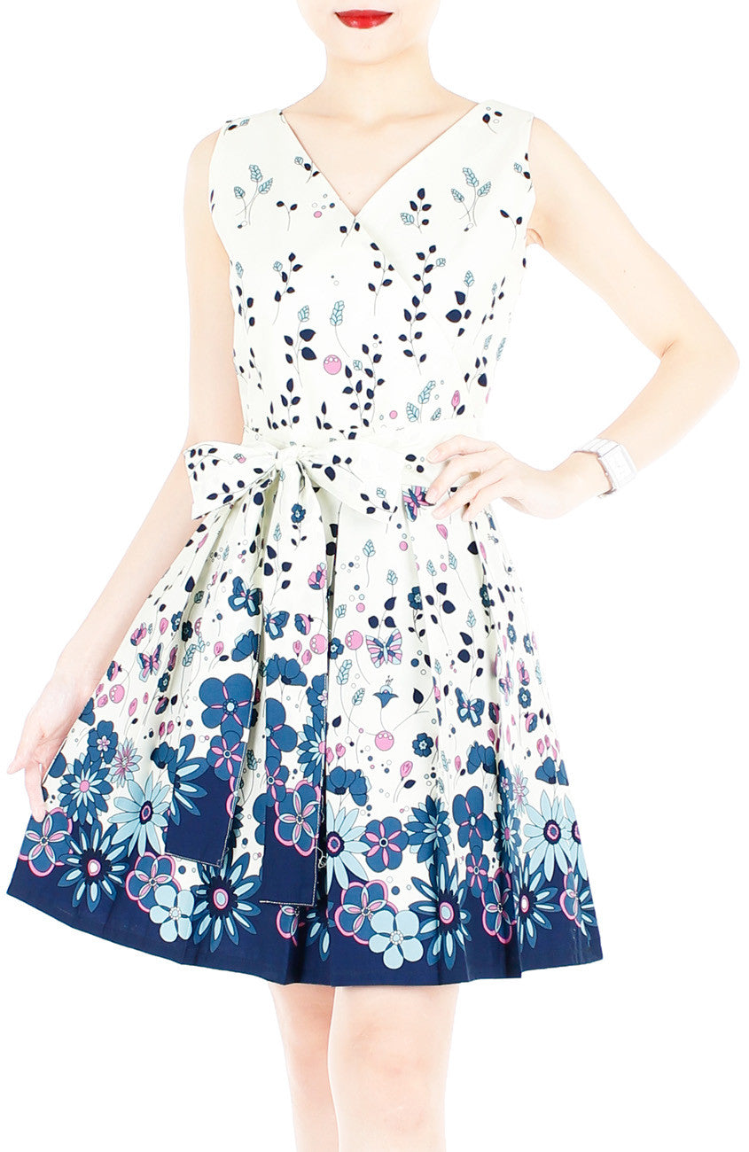 Dancing Fleur & Vines Wrap Dress with Belt - Blue