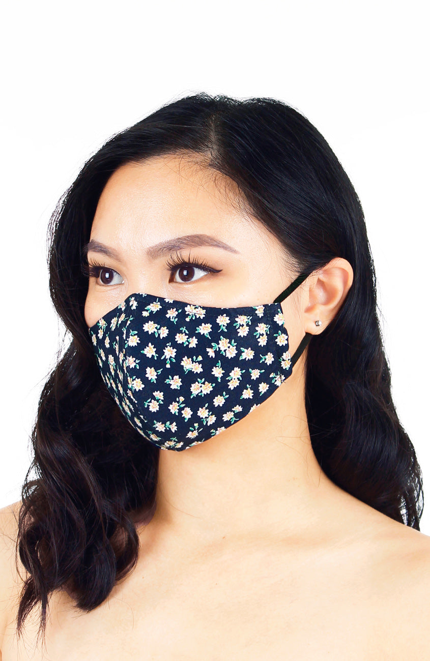 Delightfully Daisies Pure Cotton Face Mask - Navy
