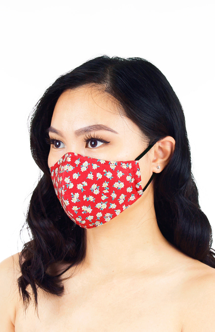 Delightfully Daisies Pure Cotton Face Mask - Scarlet Red