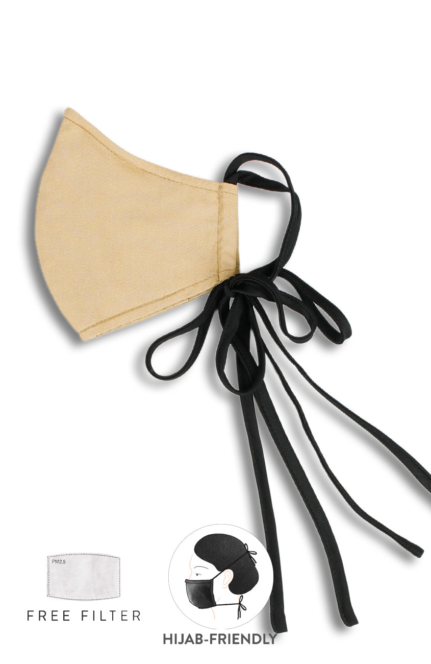 ENCHANTING Pure Cotton Face Mask with Matte Satin Ribbons - Latte