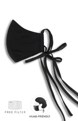 ENCHANTING Pure Cotton Face Mask with Matte Satin Ribbons - Noir Black