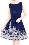 Elegant Moments in Spots & Lace Flare Dress with Obi Belt - Midnight Blue