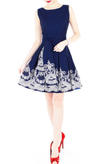 Elegant Moments in Spots & Lace Flare Dress with Obi Belt - Midnight Blue