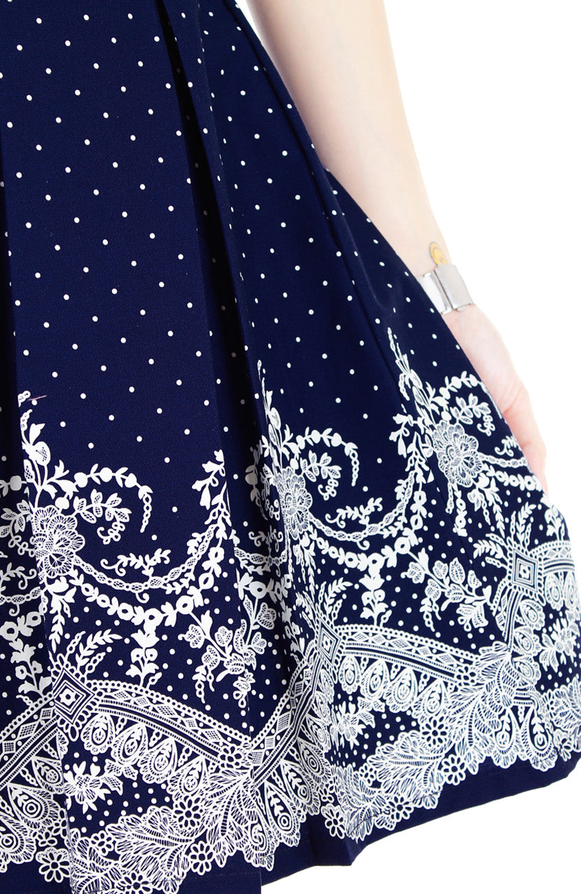 Elegant Moments in Spots & Lace Flare Dress with Obi Belt - Midnight Blue