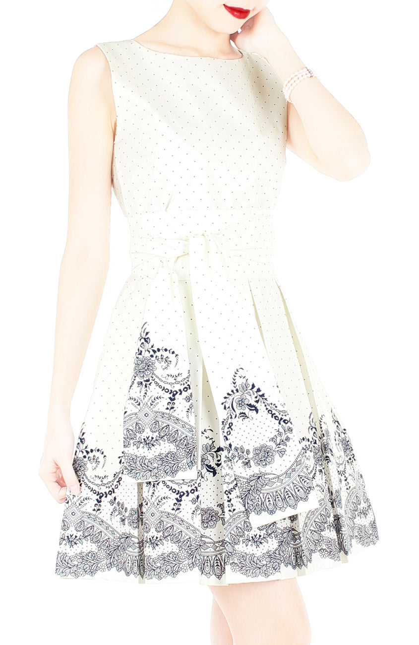 Elegant Moments in Spots & Lace Flare Dress with Obi Belt - White