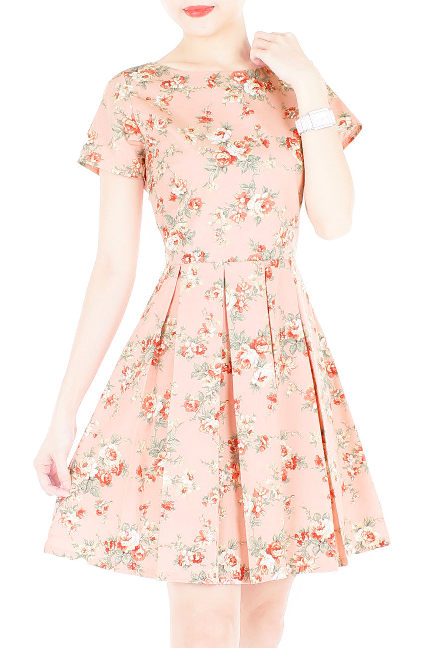 English Rose High-Tea Flare Dress with Short Sleeves - Blush Pink