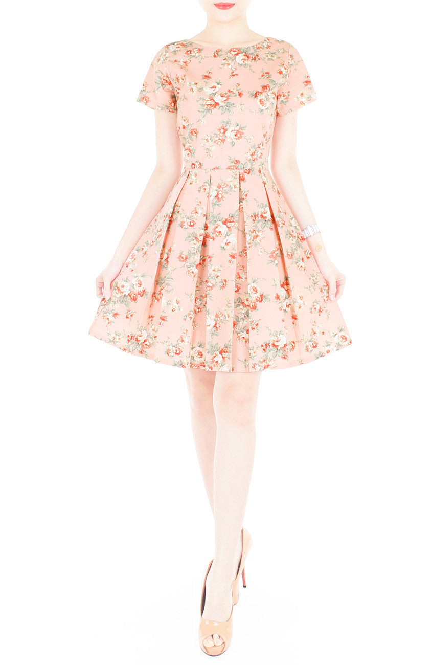 English Rose High-Tea Flare Dress with Short Sleeves - Blush Pink