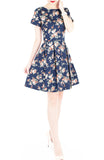 English Rose High-Tea Flare Dress with Short Sleeves - Dark Blue