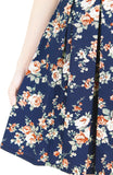 English Rose High-Tea Flare Dress with Short Sleeves - Dark Blue