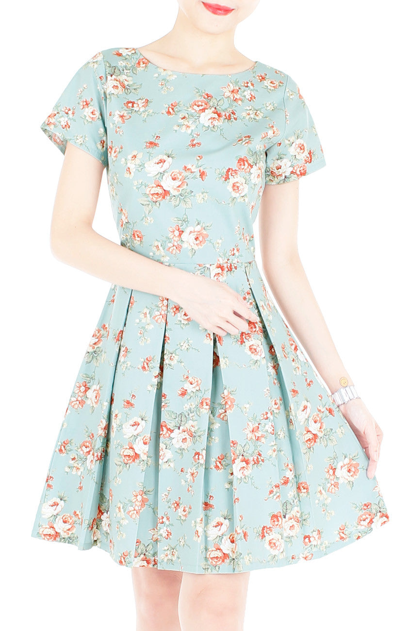 English Rose High-Tea Flare Dress with Short Sleeves - Powder Blue