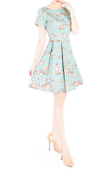 English Rose High-Tea Flare Dress with Short Sleeves - Powder Blue