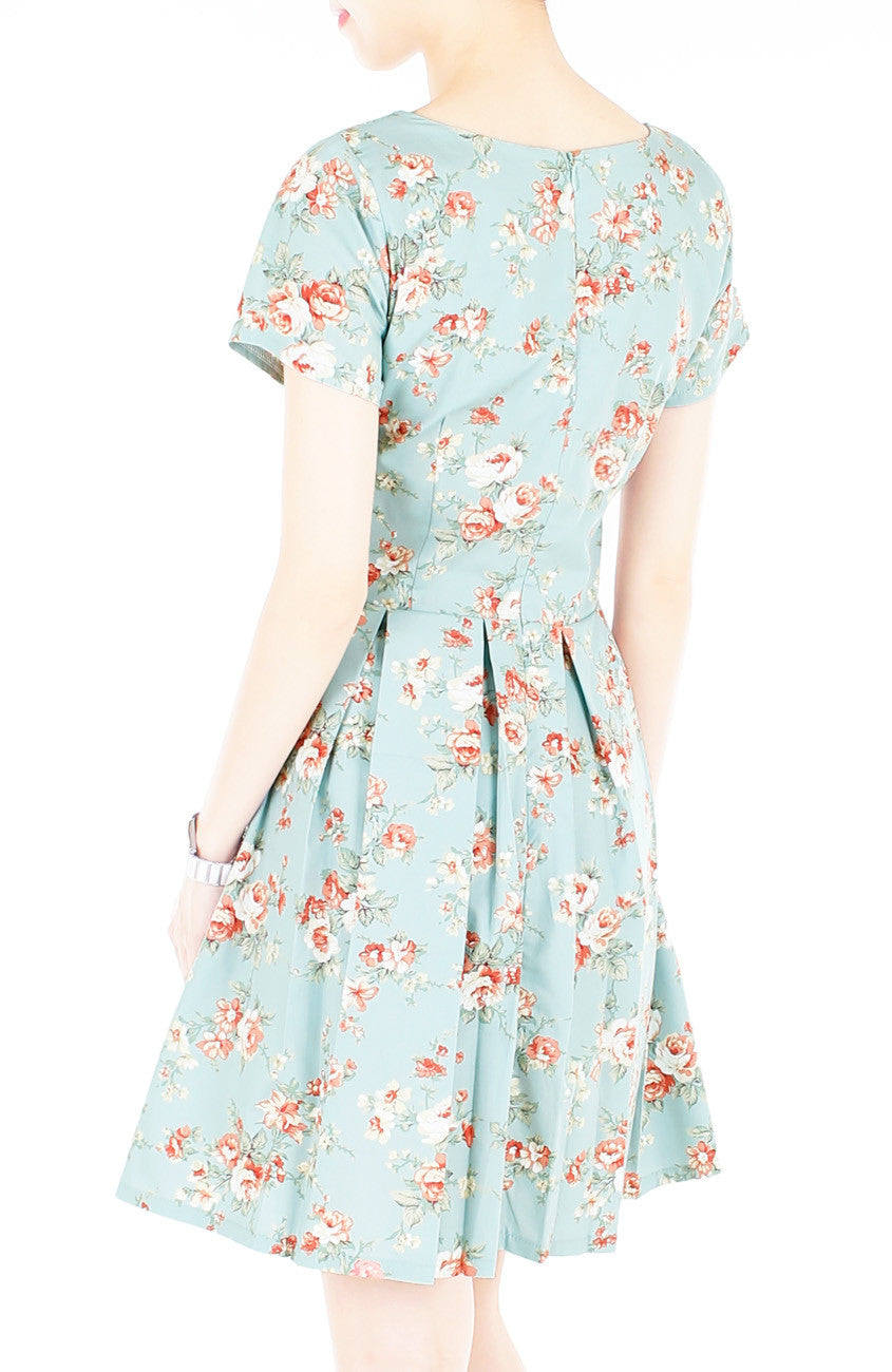 English Rose High-Tea Flare Dress with Short Sleeves - Powder Blue