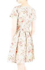 English Rose High-Tea Flare Dress with Short Sleeves – Vintage Green