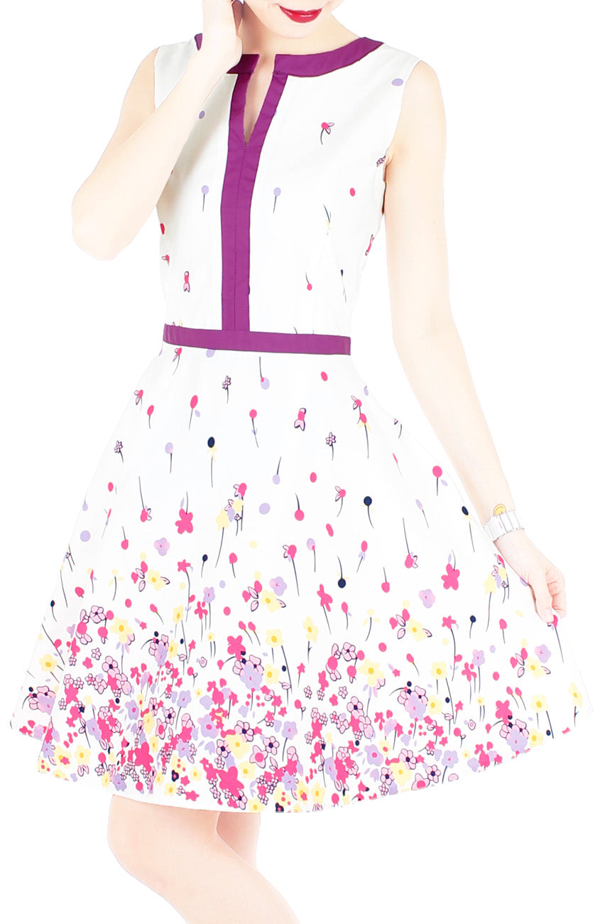 Falling Florals & Confetti Flare Dress with Violet Trims