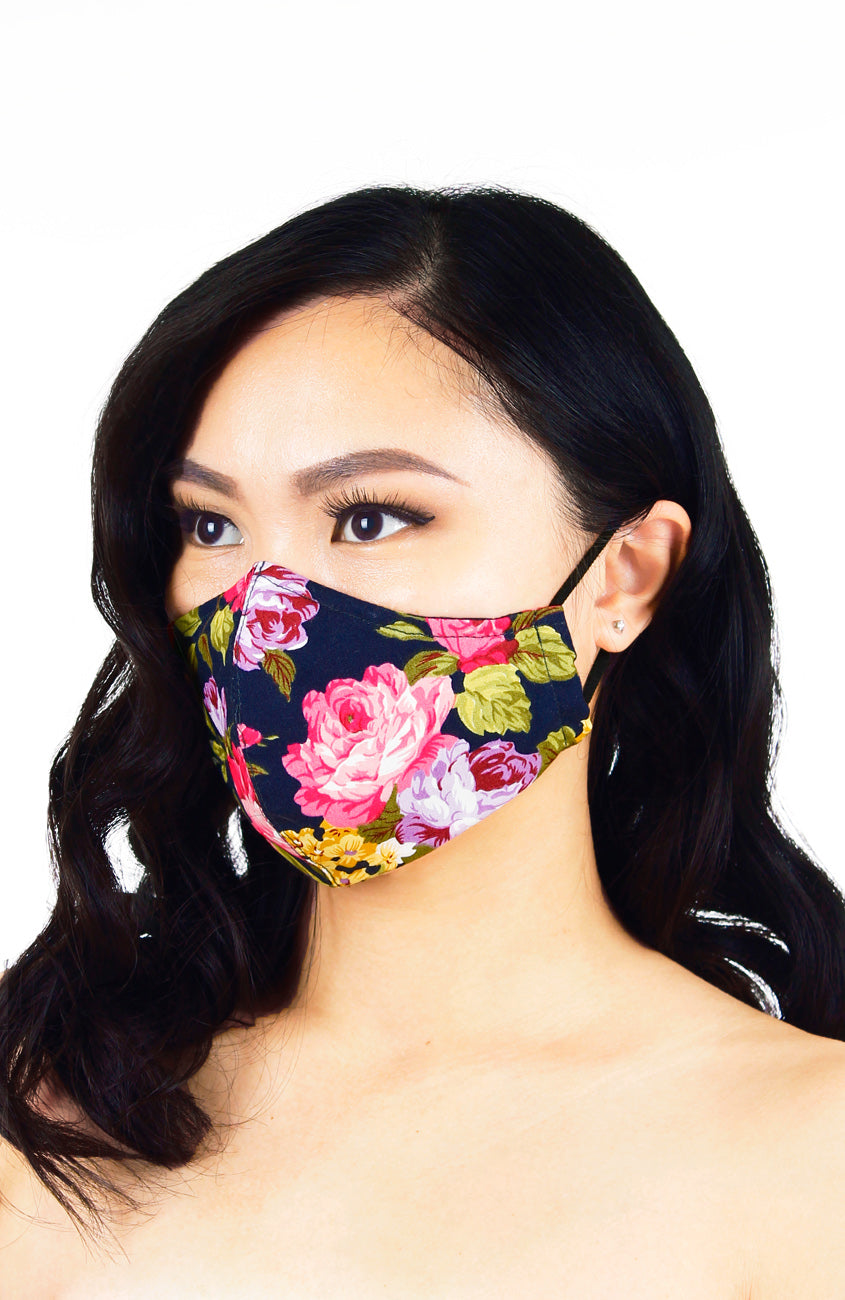Florescence Roses Pure Cotton Face Mask - Night Blue