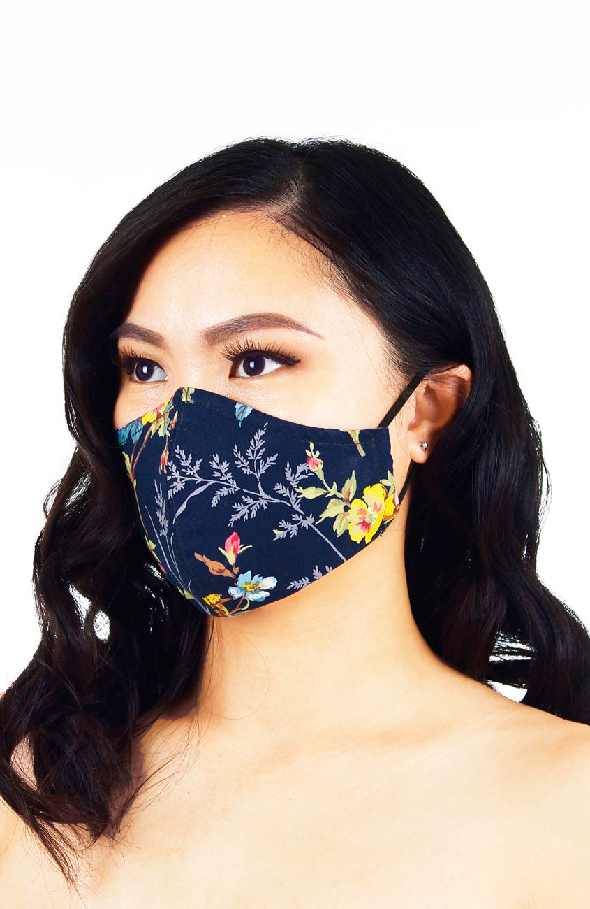 Forget me Not Ferns Pure Cotton Face Mask - Navy