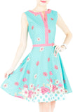 Garden Crossing Flare Dress with Pink Trims - Turquoise