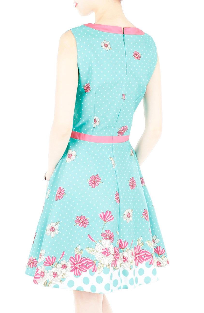 Garden Crossing Flare Dress with Pink Trims - Turquoise