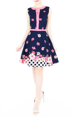 Garden Crossing Flare Dress with Pink Trims - Night Blue