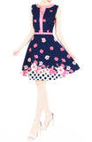Garden Crossing Flare Dress with Pink Trims - Night Blue
