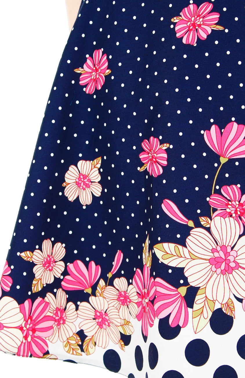 Garden Crossing Flare Dress with Pink Trims - Night Blue