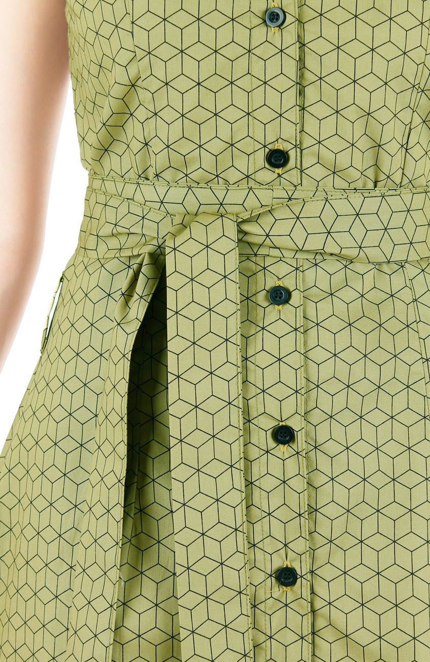 Geometric Rubix Cube A-Line Button Down Dress - Pickle Green
