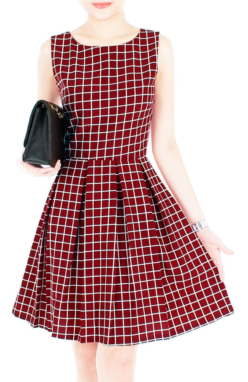 Grid Pro Quo Flare Dress - Maroon