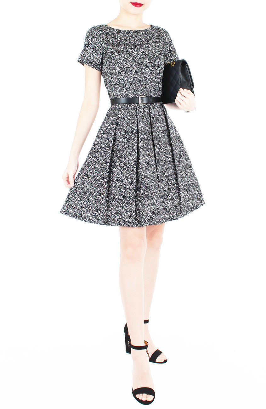 High-Tea Hour Flare Dress with Short Sleeves - Black