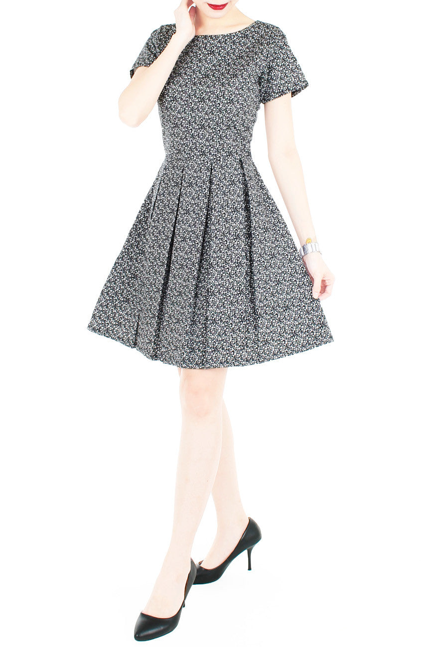 High-Tea Hour Flare Dress with Short Sleeves - Black