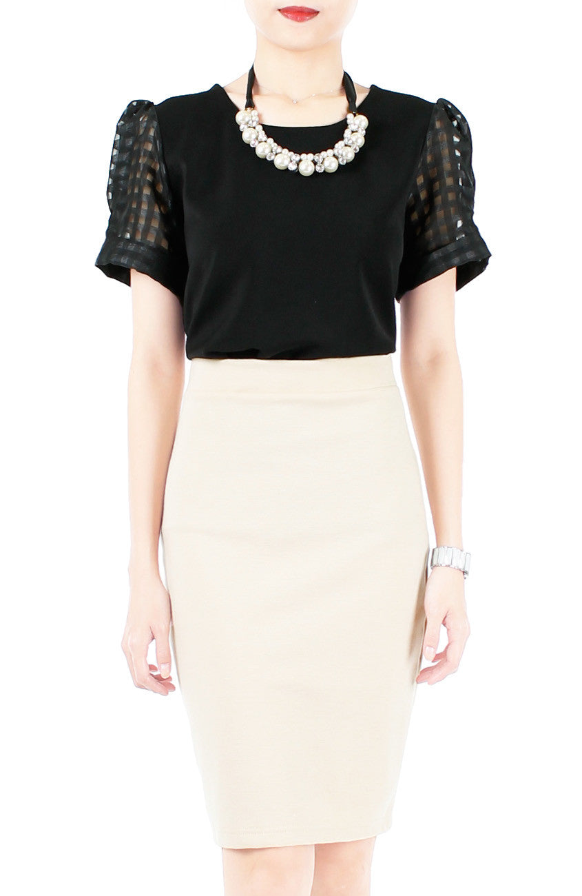 Honeycomb Organza Short Sleeve Blouse - Black