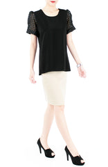 Honeycomb Organza Short Sleeve Blouse - Black