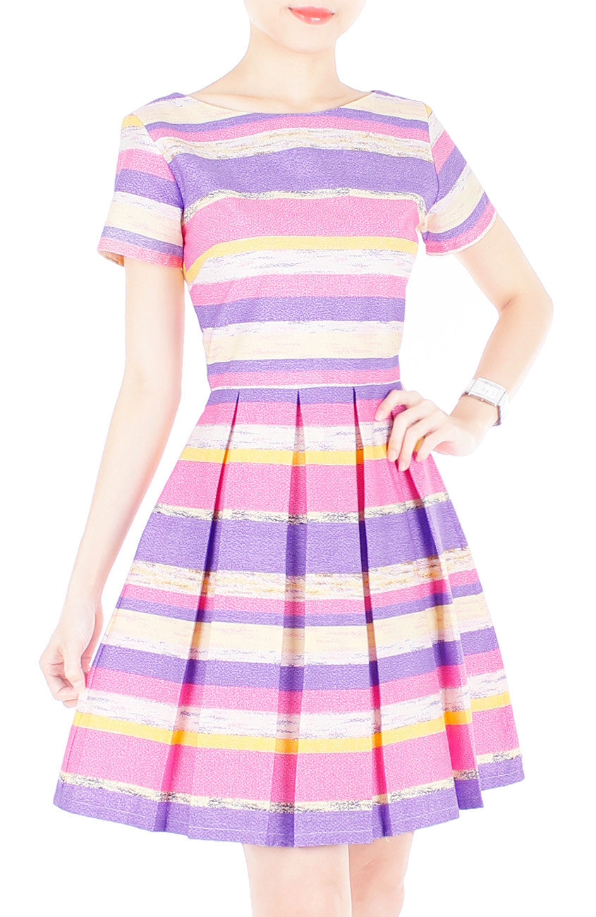 Infused in Watercolour Flare Dress with Short Sleeves - Purple