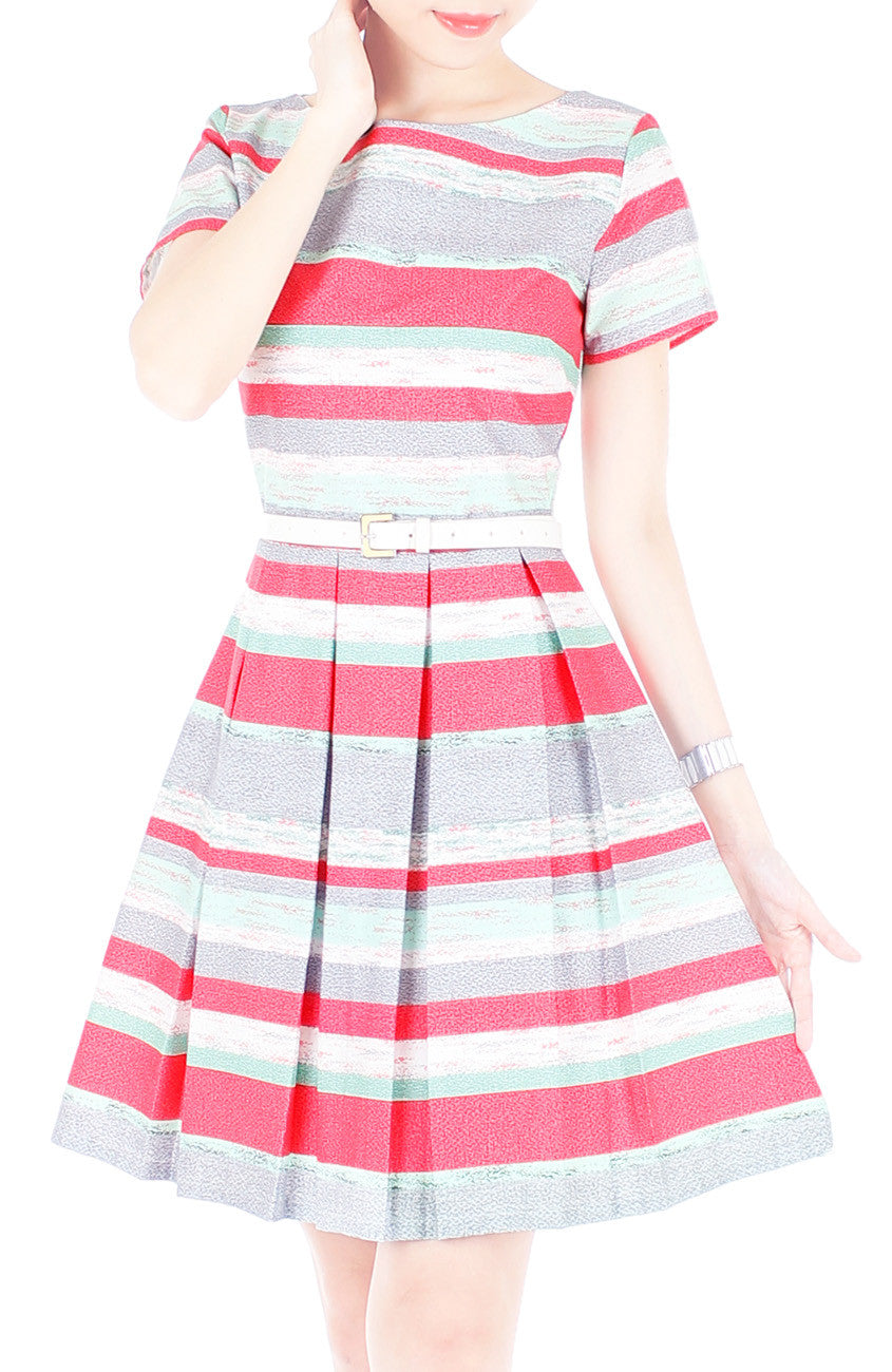 Infused in Watercolour Flare Dress with Short Sleeves - Coral Pink