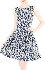 Japanese Anemone Flare Dress - Dark Blue