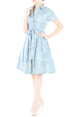Japanese Plum Blossoms Anna Shirtdress - Sky Blue