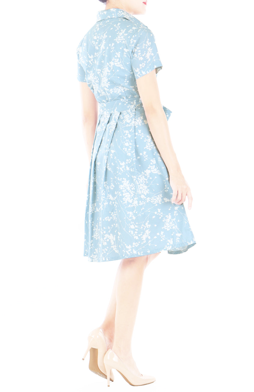 Japanese Plum Blossoms Anna Shirtdress - Sky Blue
