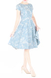 Japanese Plum Blossoms Flare Tea Dress - Sky Blue