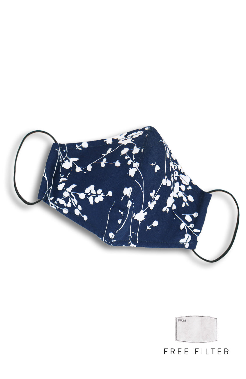 Japanese Plum Blossoms Pure Cotton Face Mask - Midnight Blue