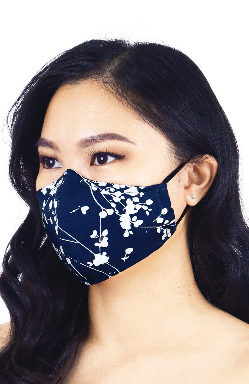 Japanese Plum Blossoms Pure Cotton Face Mask - Midnight Blue