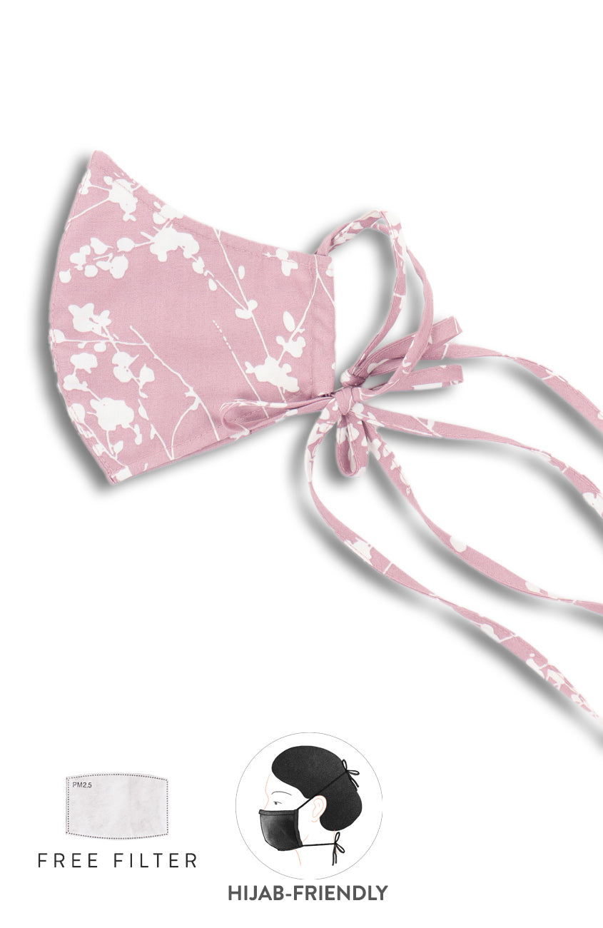Japanese Plum Blossoms Pure Cotton Face Mask with Head Ties - Crepe Pink